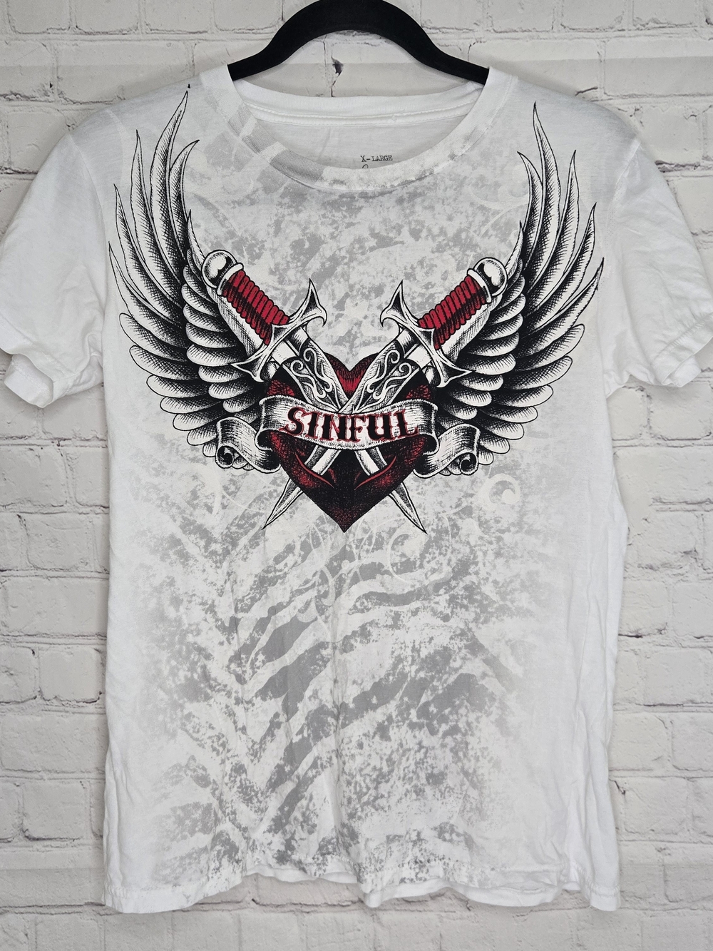Y2K Affliction Sinful Graphic T-Shirt winged dagger heart sz xl Grunge Skater